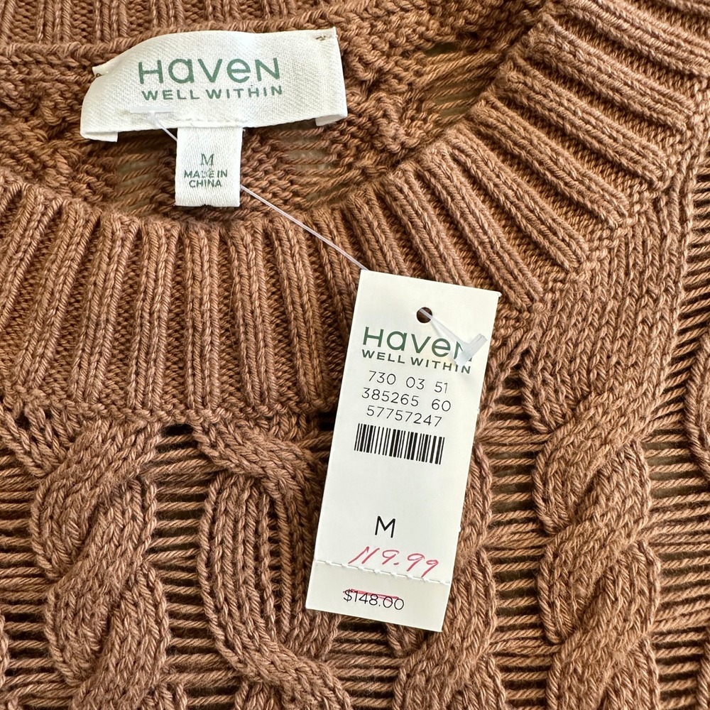 Haven Well Within Organic Cotton Cable Knit Sweater Brown Pointelle M NWT $148 - Picture 7 of 9